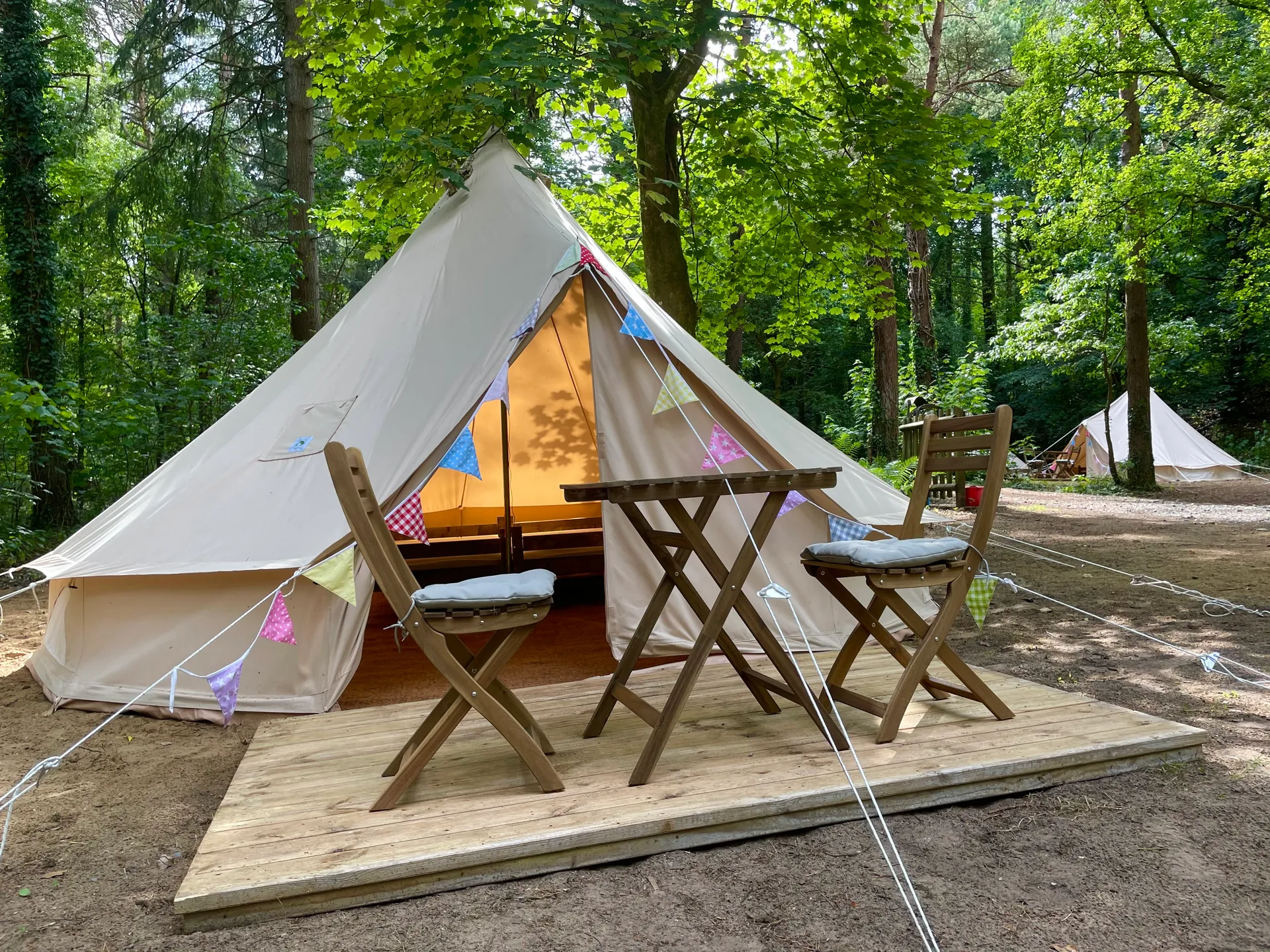 Bell tent pitched among trees at Candleston Woods